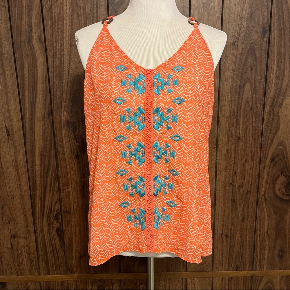 Miss Me Orange/white Embroidered Blue Aztec Hippie Lined Boho Summer Top Sz L